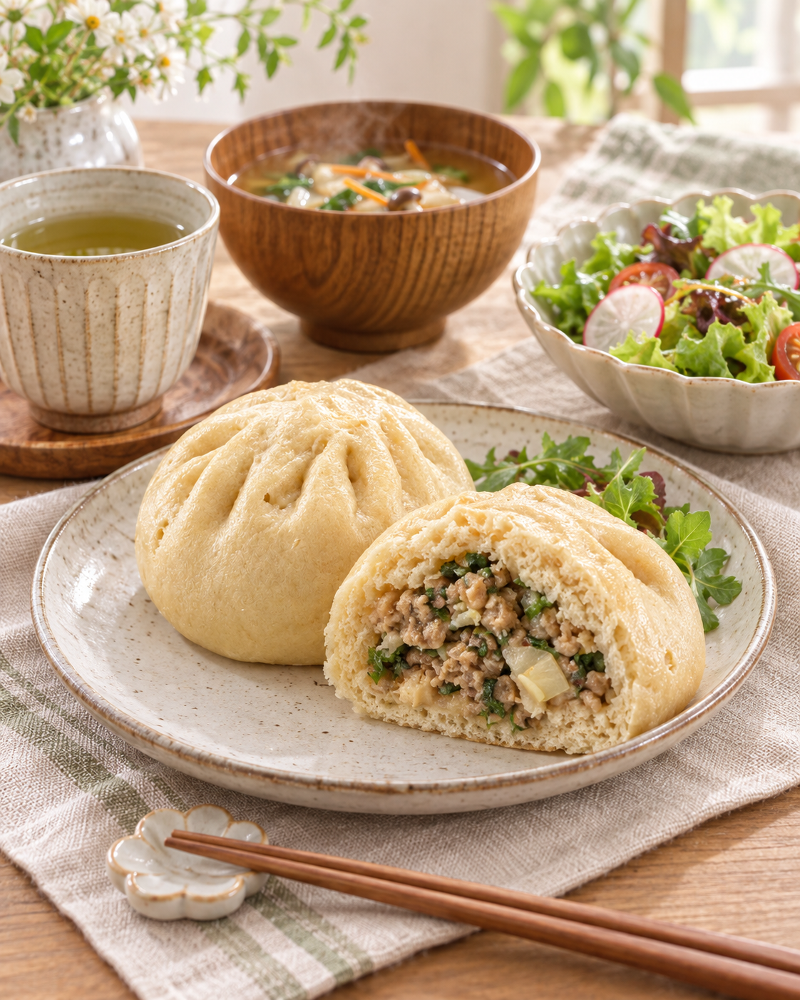 香味ヘルシーまんに温かいお茶、スープ、サラダを添えた食卓