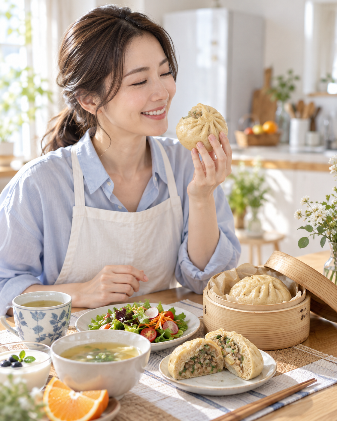 朝食に香味ヘルシーまんを楽しむ女性