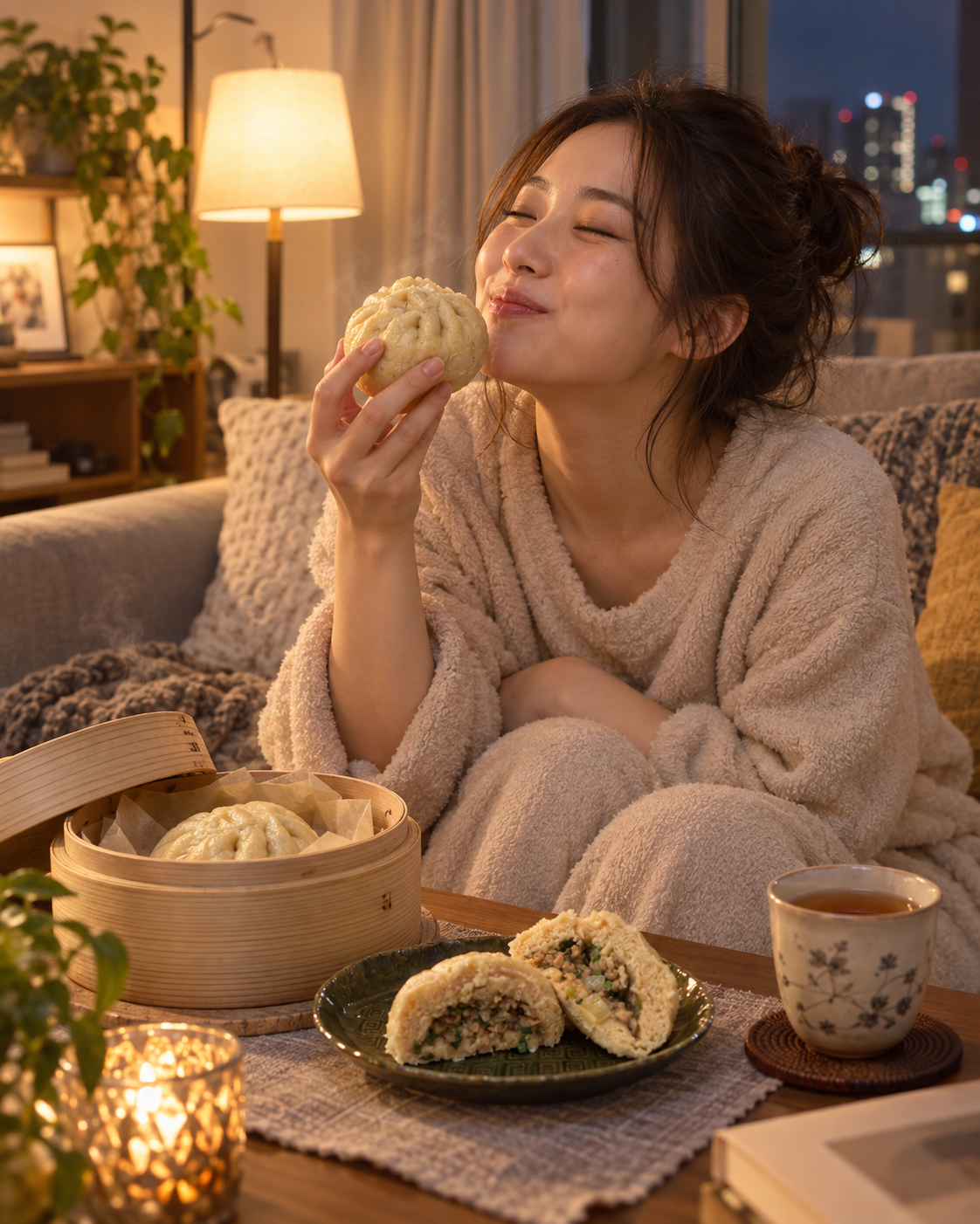 夜のくつろぎ時間に香味ヘルシーまんを楽しむ女性