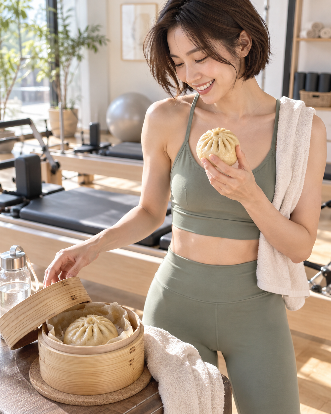 ピラティス後に香味ヘルシーまんを楽しむ女性